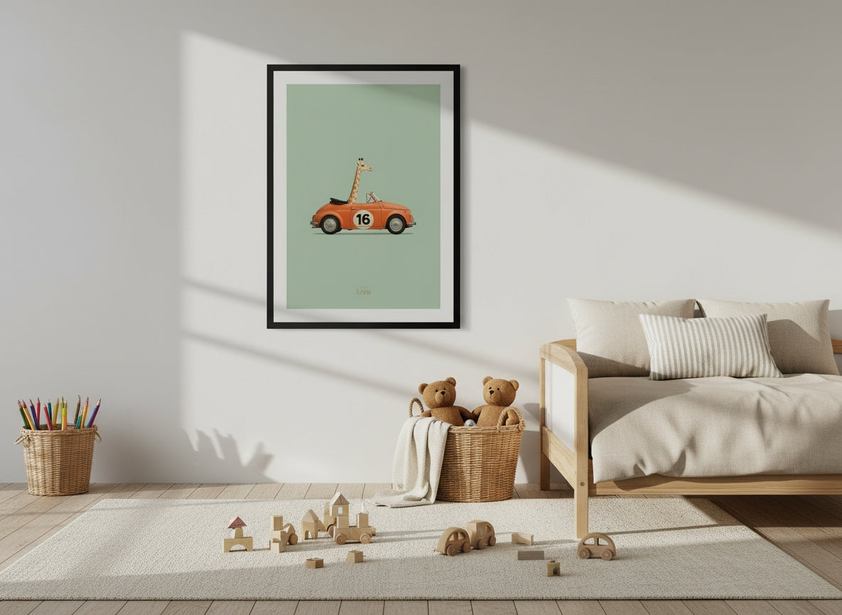 Kinderposter - Giraf in Vintage Auto