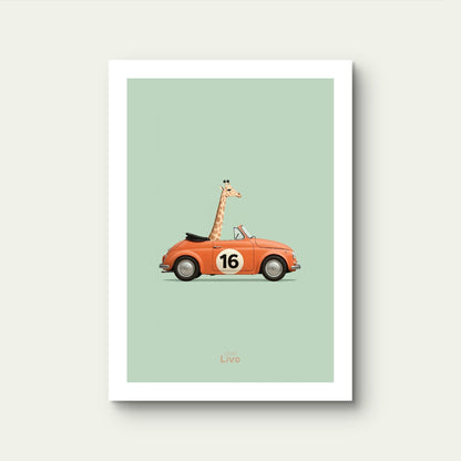Giraf in Vintage Auto poster – Muurdecoratie kinderkamer
