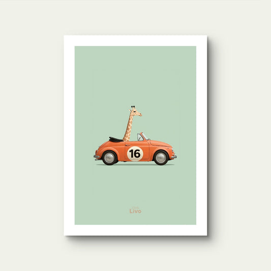 Giraf in Vintage Auto poster – Muurdecoratie kinderkamer