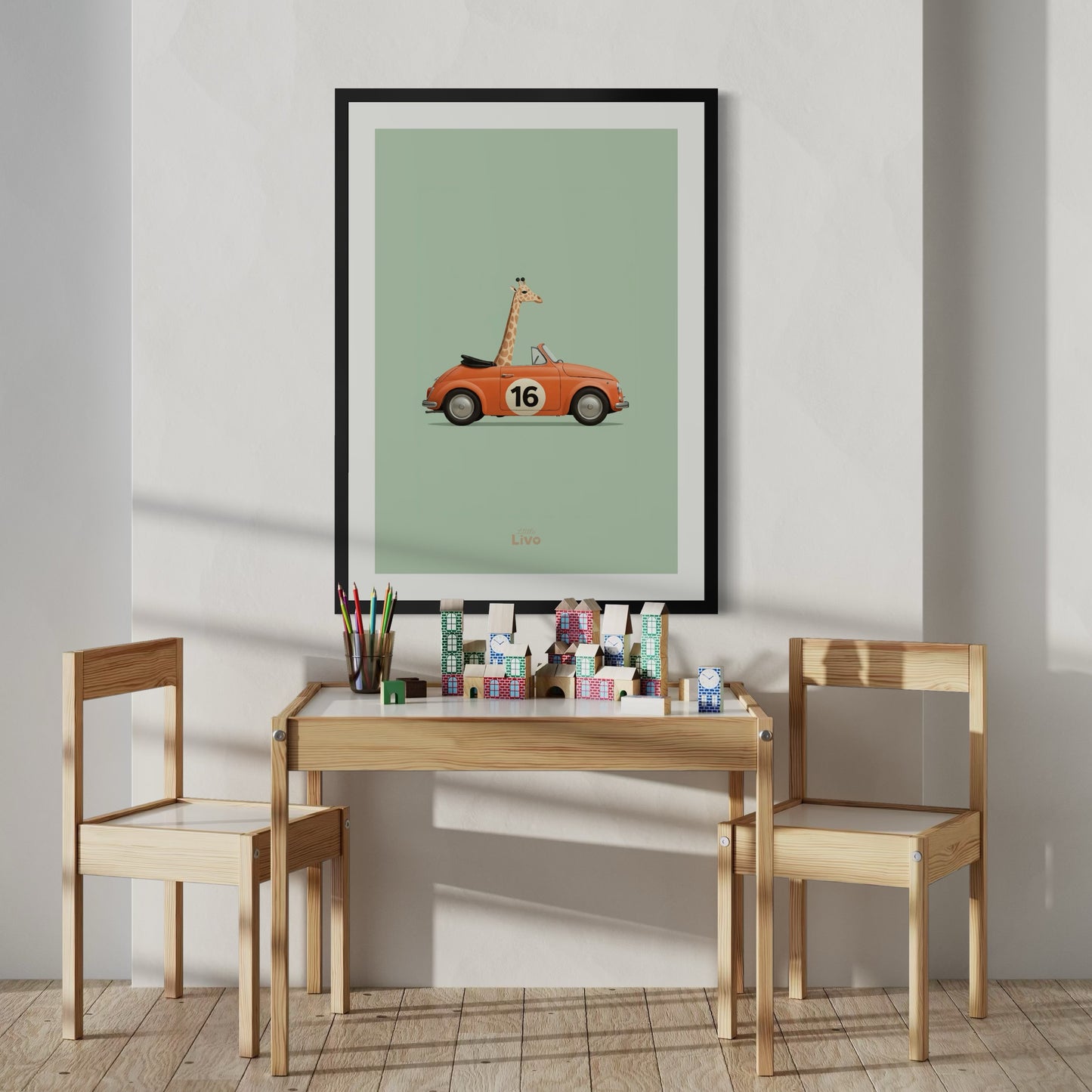 Giraf in Vintage Auto poster – Muurdecoratie kinderkamer