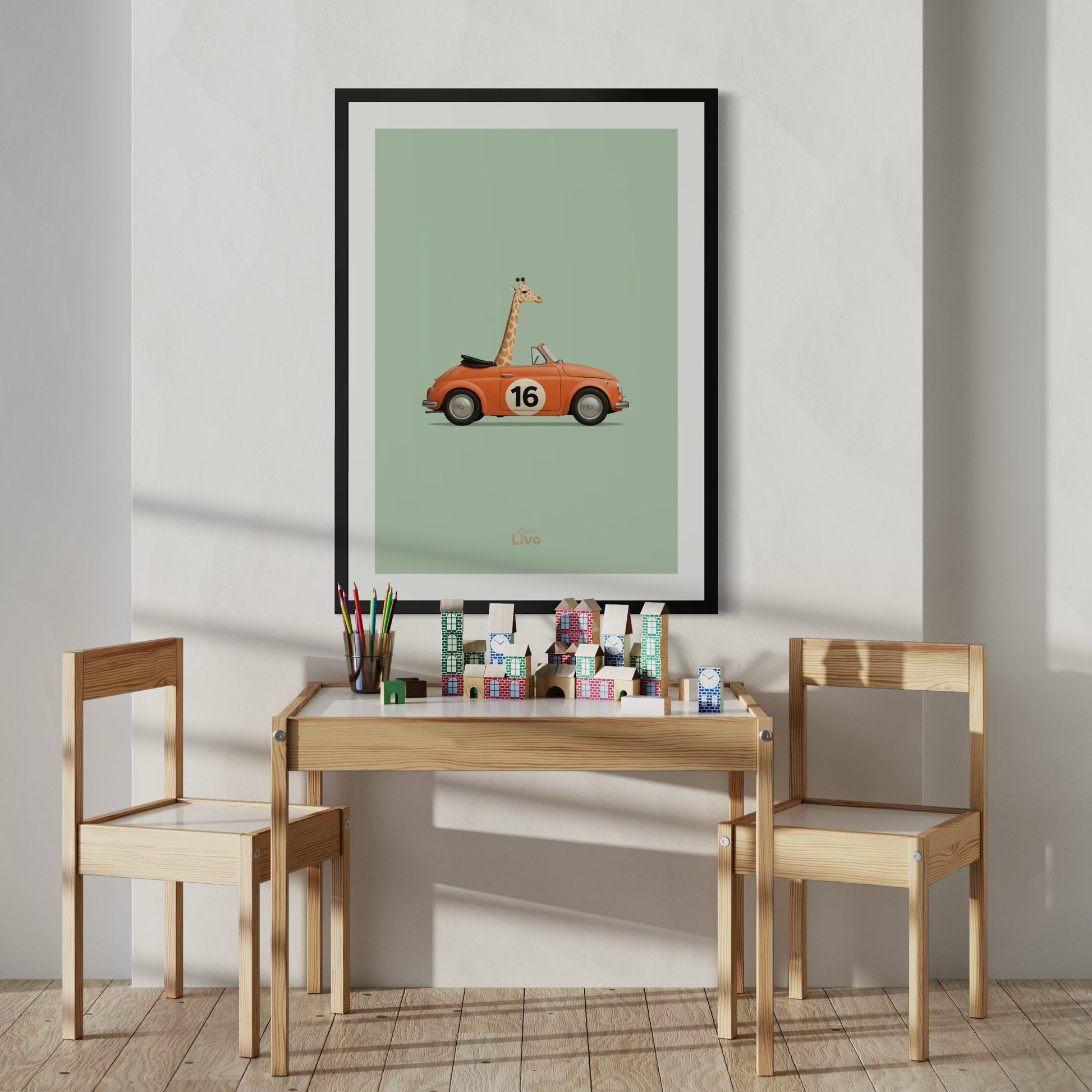 Giraf in Vintage Auto poster – Muurdecoratie kinderkamer