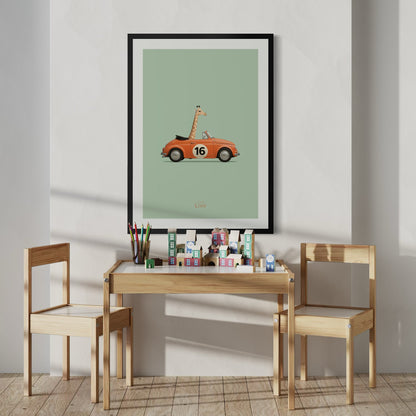 Giraf in Vintage Auto poster – Muurdecoratie kinderkamer
