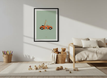 Kinderposter - Giraf in Vintage Auto